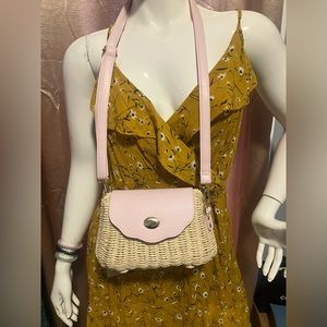 Straw Cross body Bag with Pink vegan leather